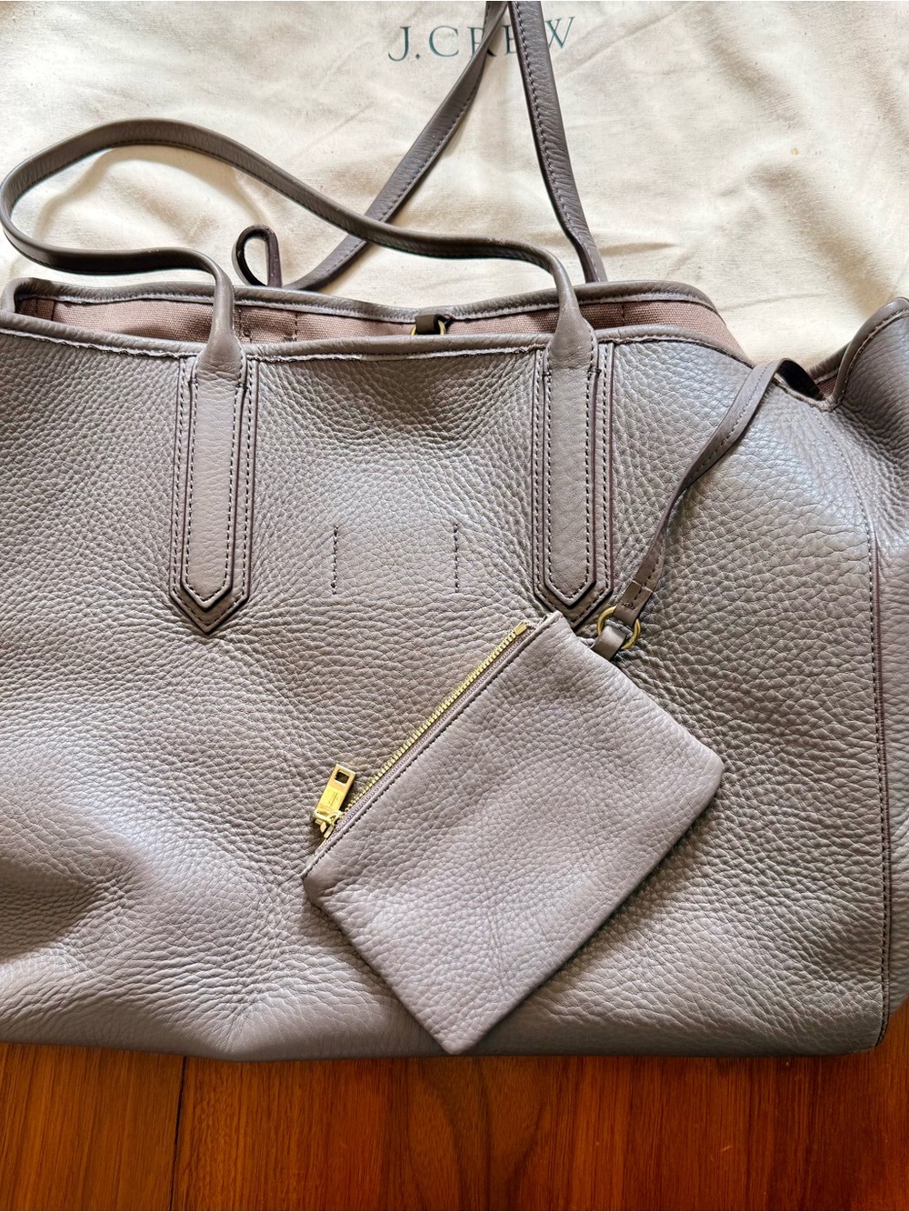 J. Crew Pebbled Leather Tote in Taupe Gray with Matching Pouch